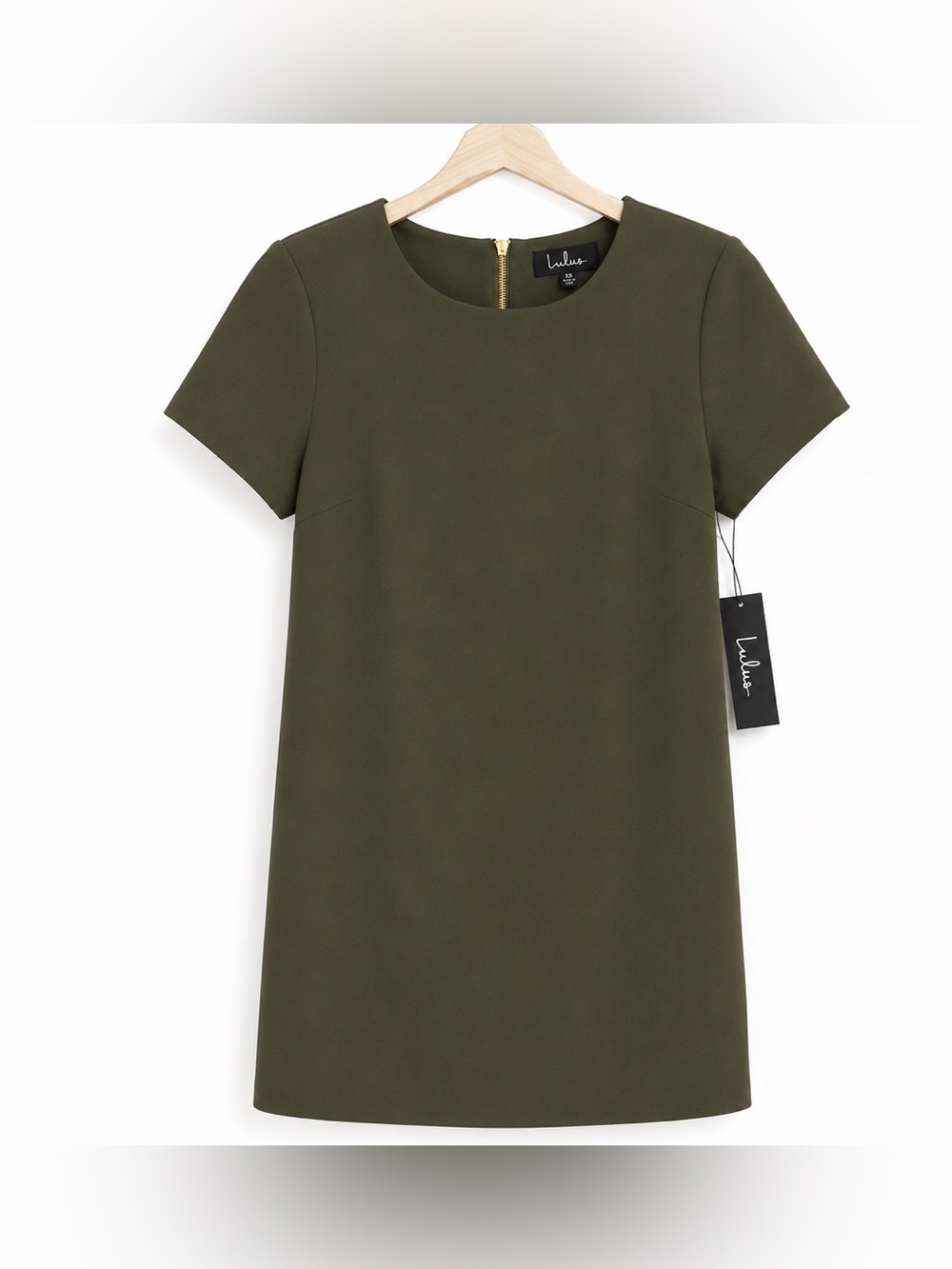 NWT Lulus Olive Green Shift Dress Gold Back Zip Mini Made in USA XS or L Avail!